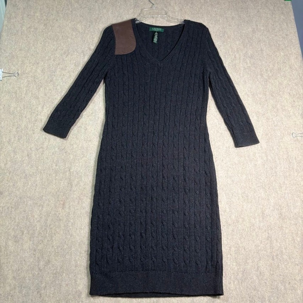Lauren Ralph Lauren Sweater Dress Womens M Gray Cotton Cashmere Cable Knit Prep